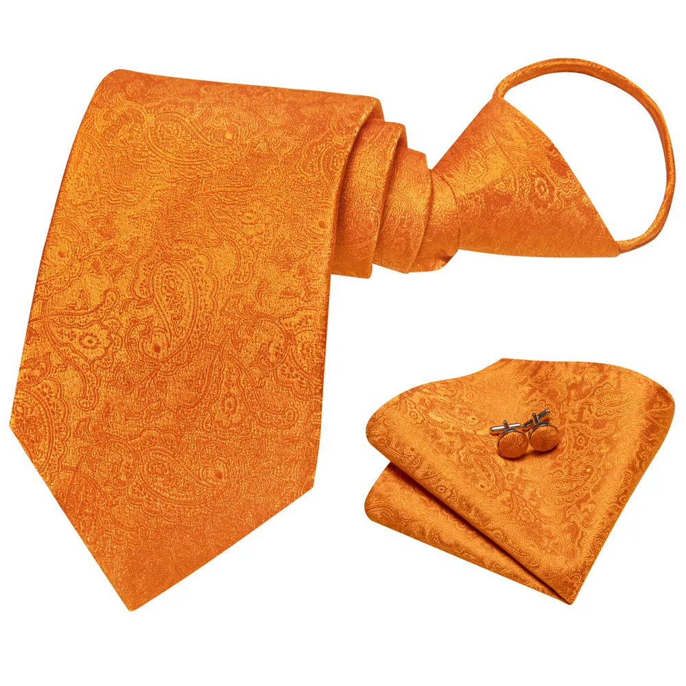 Ties2you Orange Paisley Lazy Men's Easy-pull Silk Tie Pocket Square Cufflinks Set sold by Ties2You