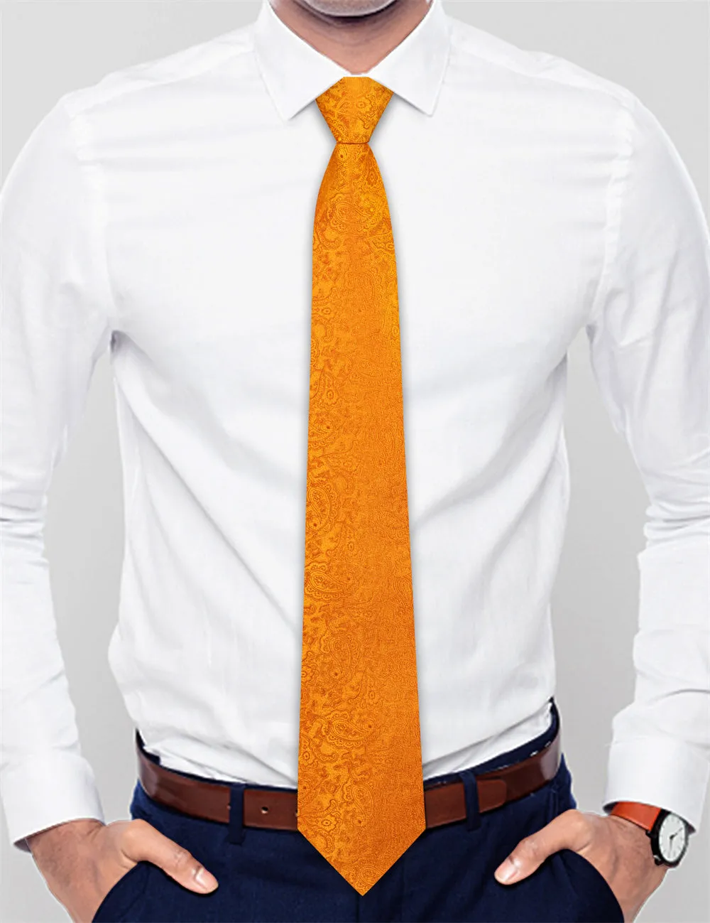 Ties2you Orange Paisley Lazy Men's Easy-pull Silk Tie Pocket Square Cufflinks Set sold by Ties2You product image thumbnail 3