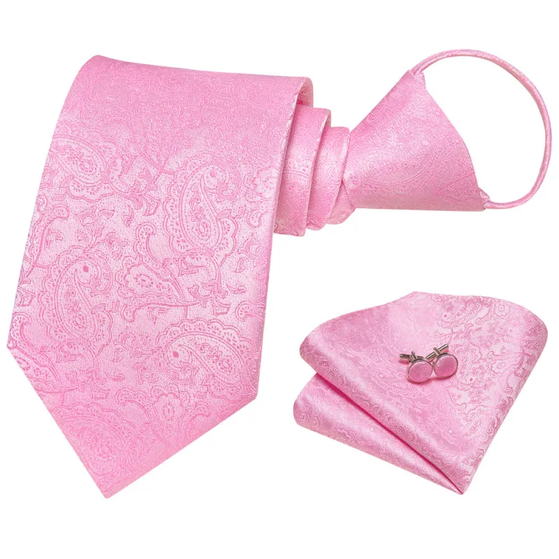 Ties2you Pink Paisley Lazy Men's Easy-pull Silk Tie Pocket Square Cufflinks Set sold by Ties2You