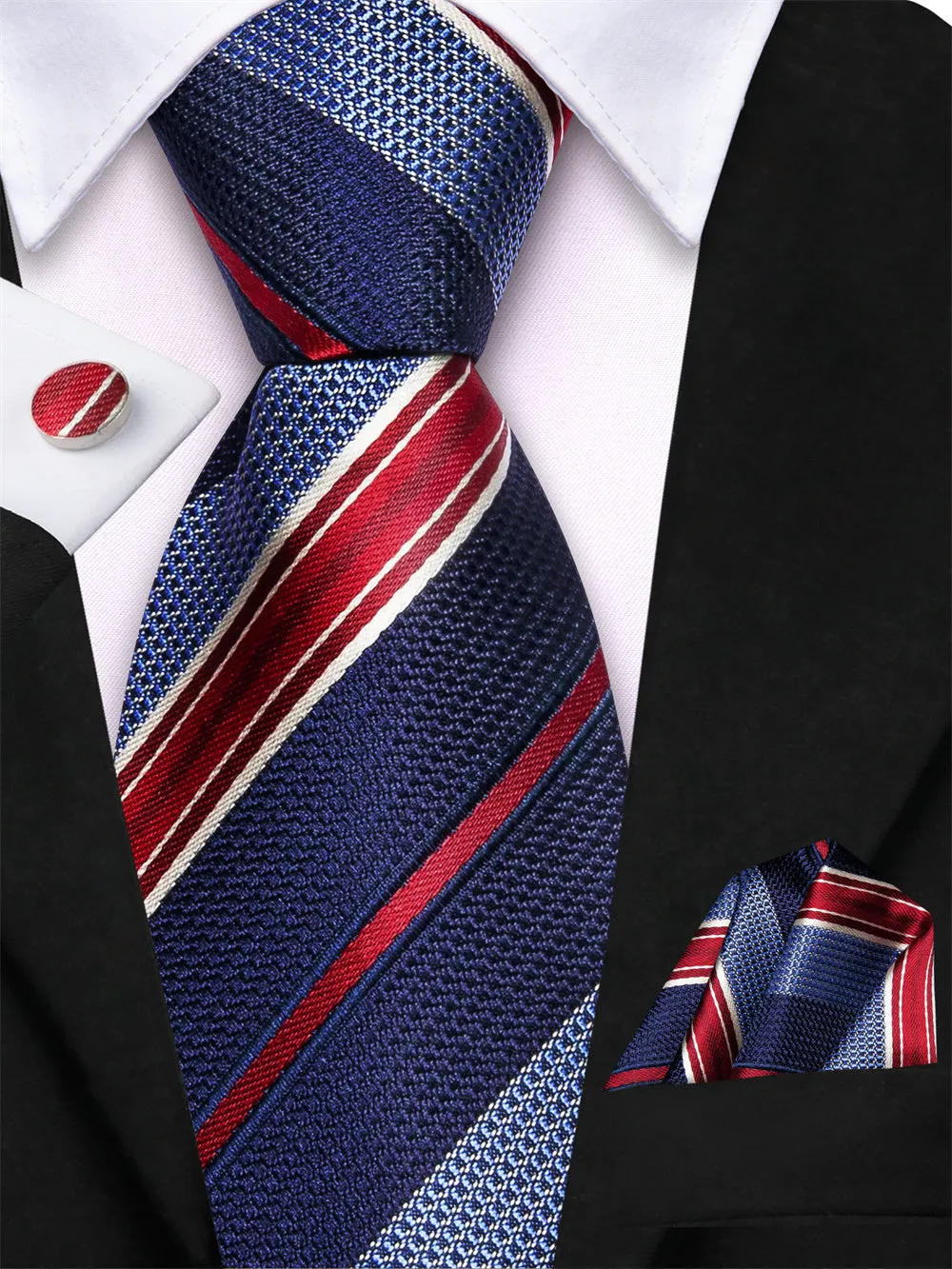 Ties2you Blue Red Striped Lazy Men's Business Easy-pull Silk Tie Pocket Square Cufflinks Set sold by Ties2You product image thumbnail 2