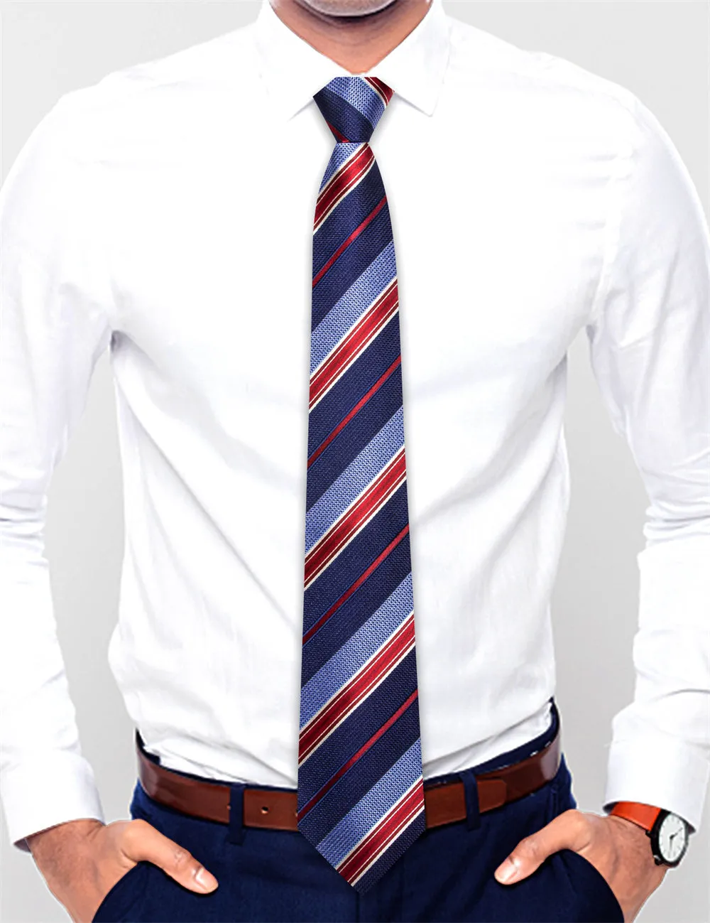 Ties2you Blue Red Striped Lazy Men's Business Easy-pull Silk Tie Pocket Square Cufflinks Set sold by Ties2You product image thumbnail 3