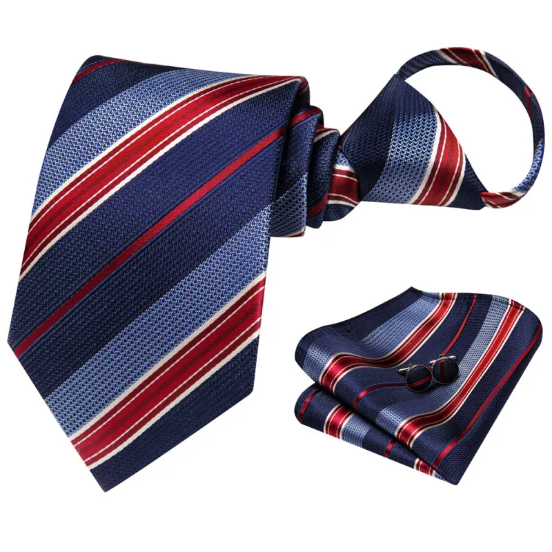 Ties2you Blue Red Striped Lazy Men's Business Easy-pull Silk Tie Pocket Square Cufflinks Set sold by Ties2You
