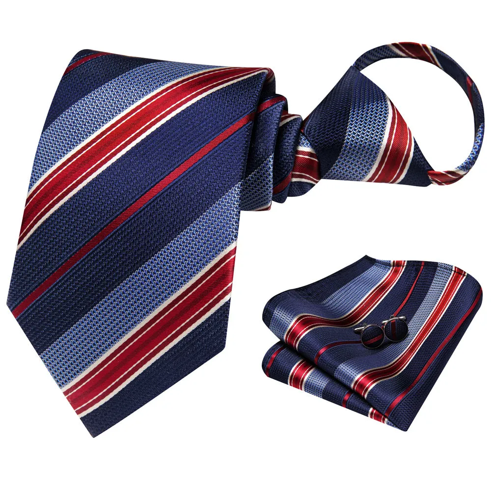 Ties2you Blue Red Striped Lazy Men's Business Easy-pull Silk Tie Pocket Square Cufflinks Set sold by Ties2You