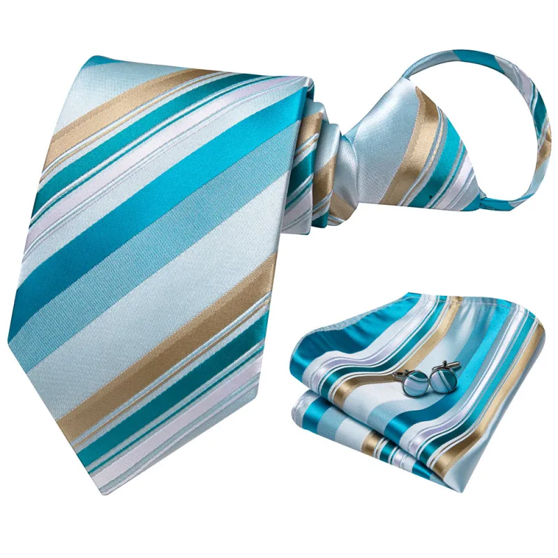 Ties2you Blue Champagne Striped Lazy Men's Easy-pull Silk Tie Pocket Square Cufflinks Set sold by Ties2You