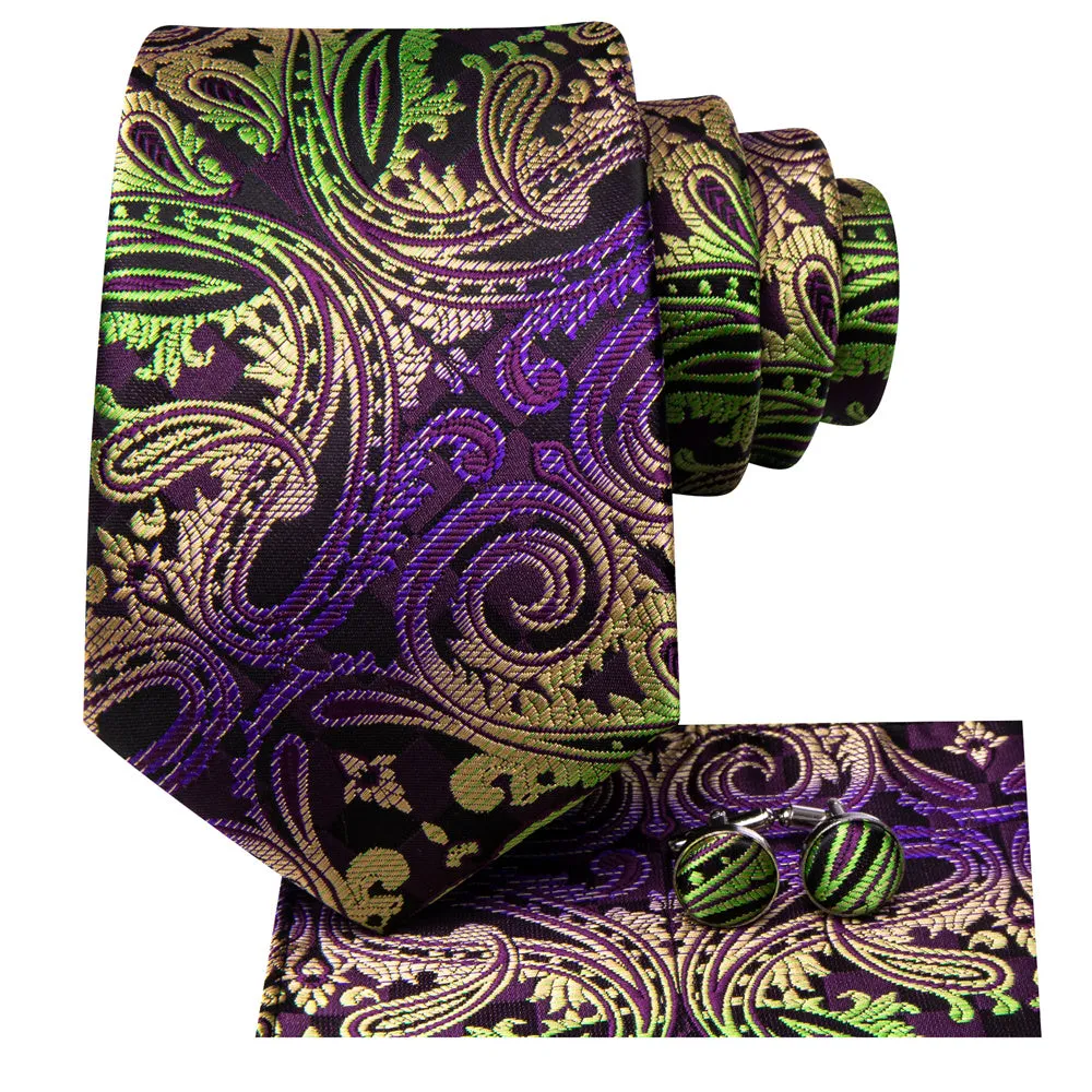 Ties2you Purple Green Golden Paisley Men's Tie Hanky Cufflinks Set sold by Ties2You product image thumbnail 4