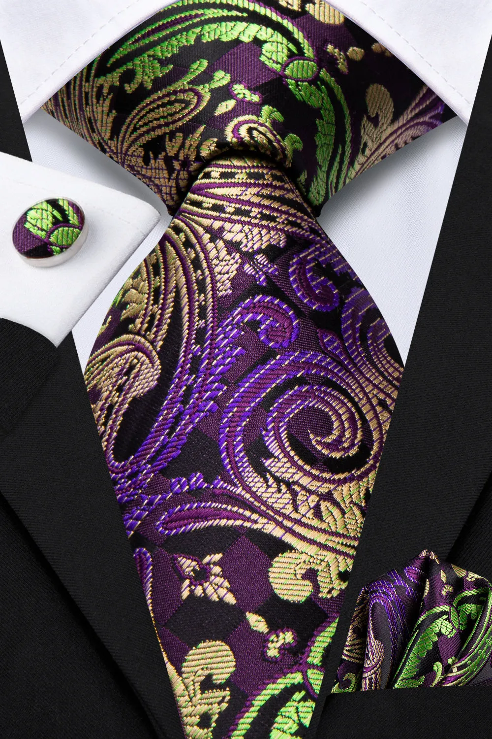 Ties2you Purple Green Golden Paisley Men's Tie Hanky Cufflinks Set sold by Ties2You product image thumbnail 2