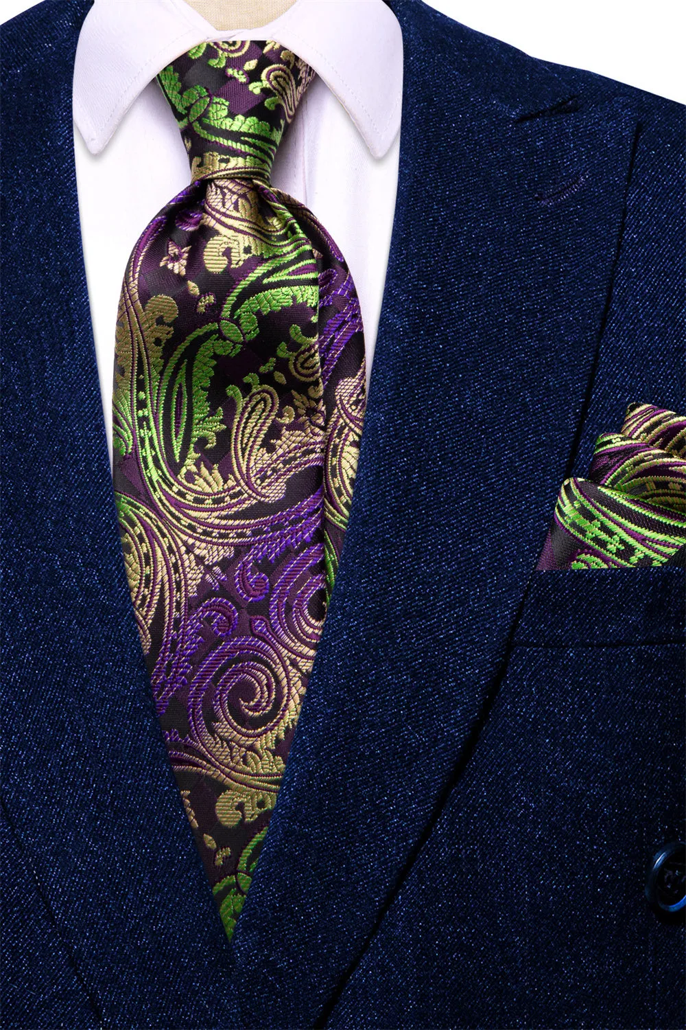 Ties2you Purple Green Golden Paisley Men's Tie Hanky Cufflinks Set sold by Ties2You product image thumbnail 3