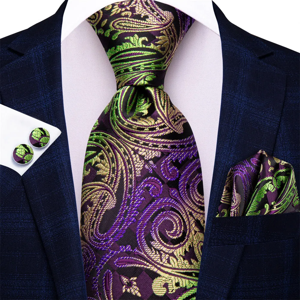 Ties2you Purple Green Golden Paisley Men's Tie Hanky Cufflinks Set sold by Ties2You
