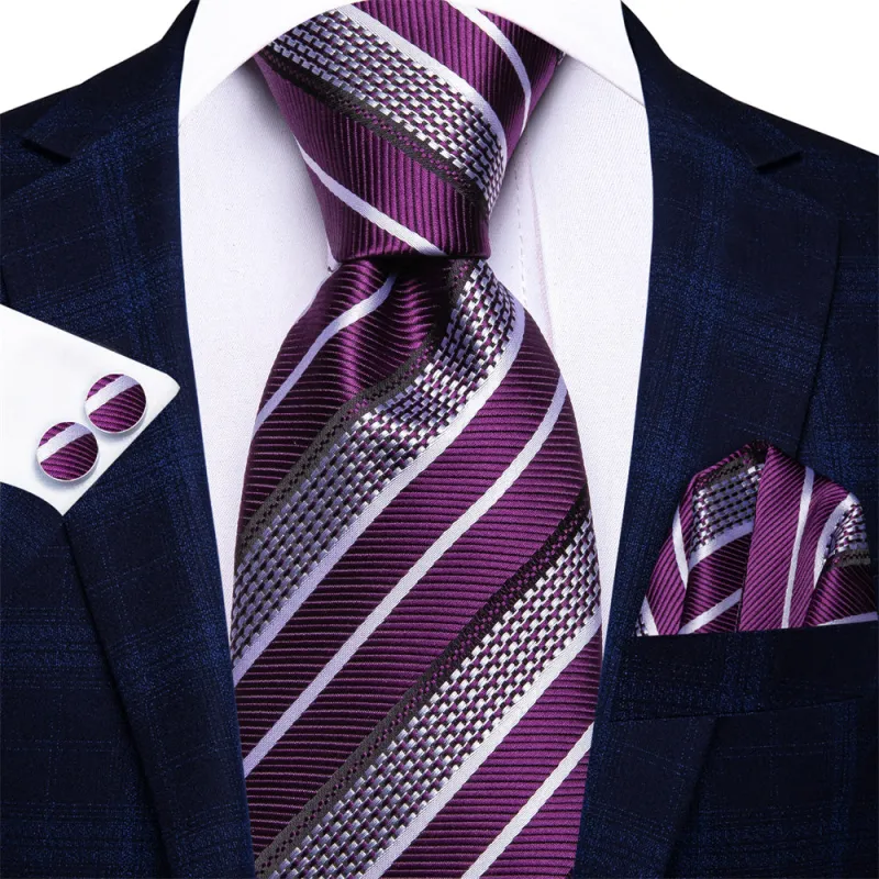 Ties2you Purple White Striped Men's Necktie Hanky Cufflinks Set sold by Ties2You