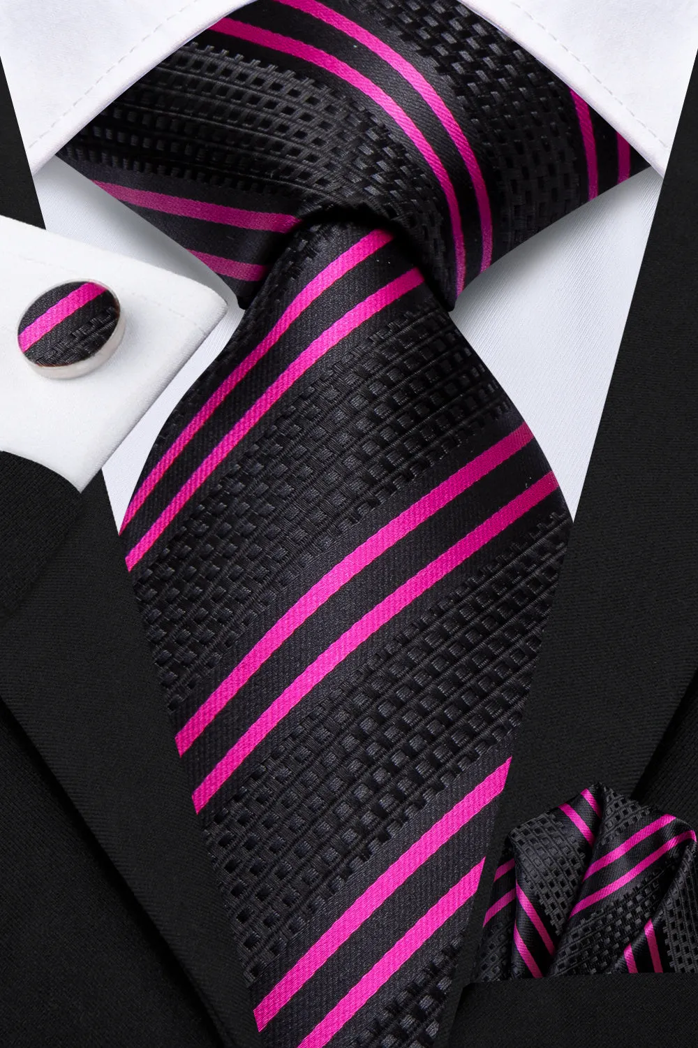 Ties2you Black Purple Striped Men's Necktie Hanky Cufflinks Set sold by Ties2You product image thumbnail 2