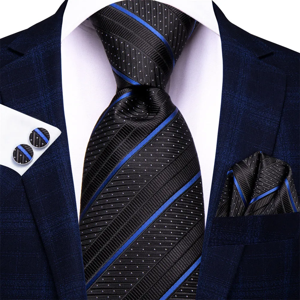 Ties2you Black Tie Blue Striped Men's Tie Hanky Cufflinks Set sold by Ties2You