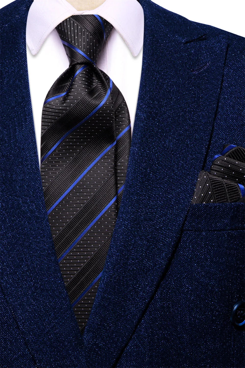 Ties2you Black Tie Blue Striped Men's Tie Hanky Cufflinks Set sold by Ties2You product image thumbnail 3