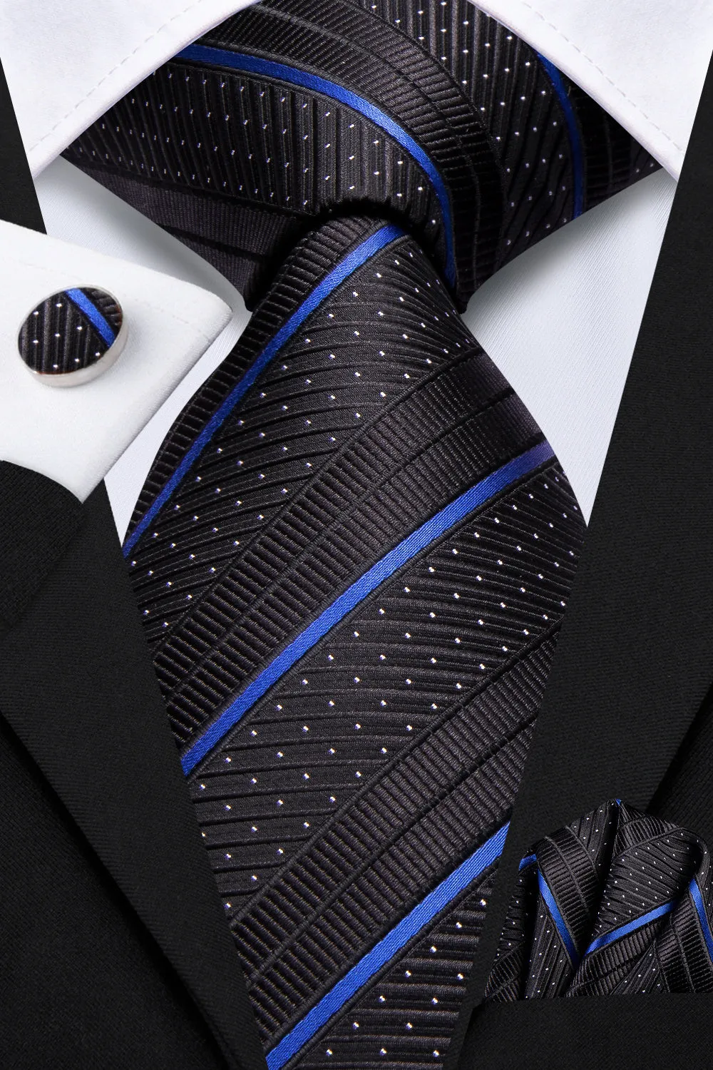 Ties2you Black Tie Blue Striped Men's Tie Hanky Cufflinks Set sold by Ties2You product image thumbnail 2