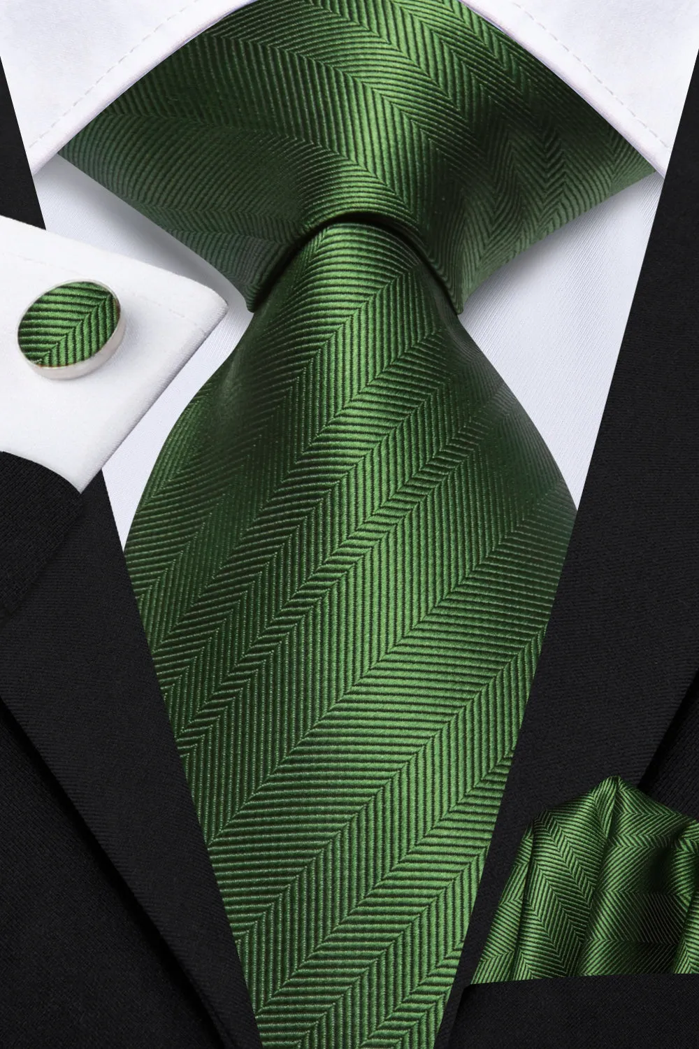 Ties2you Forest Green Striped Men's Tie Pocket Square Cufflinks Set sold by Ties2You product image thumbnail 2