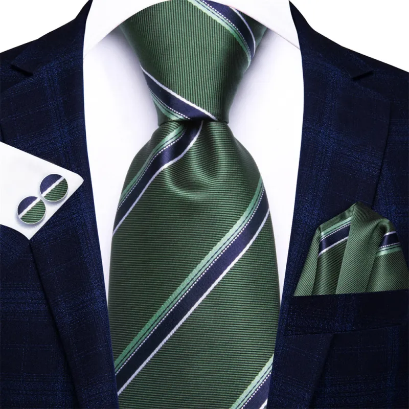 Ties2you Hunter Green Blue Striped Men's Tie Hanky Cufflinks Set sold by Ties2You