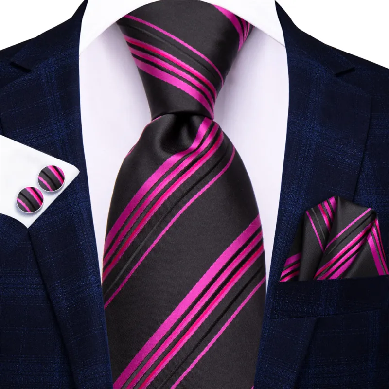 Ties2you Black Purple Striped Men's Tie Pocket Square Cufflinks Set sold by Ties2You