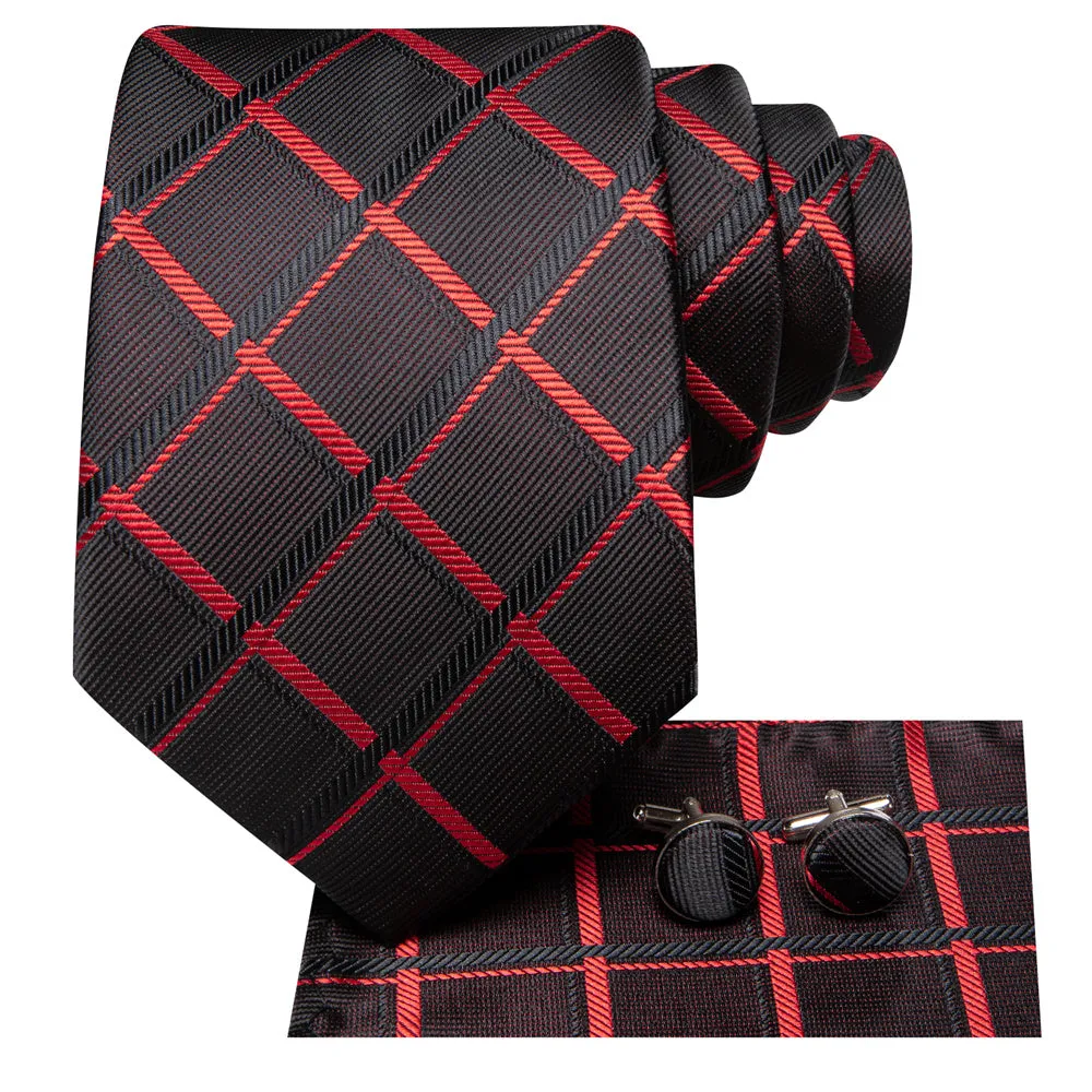 Ties2you Red Black Plaid Men's Necktie Pocket Square Cufflinks Set sold by Ties2You product image thumbnail 3