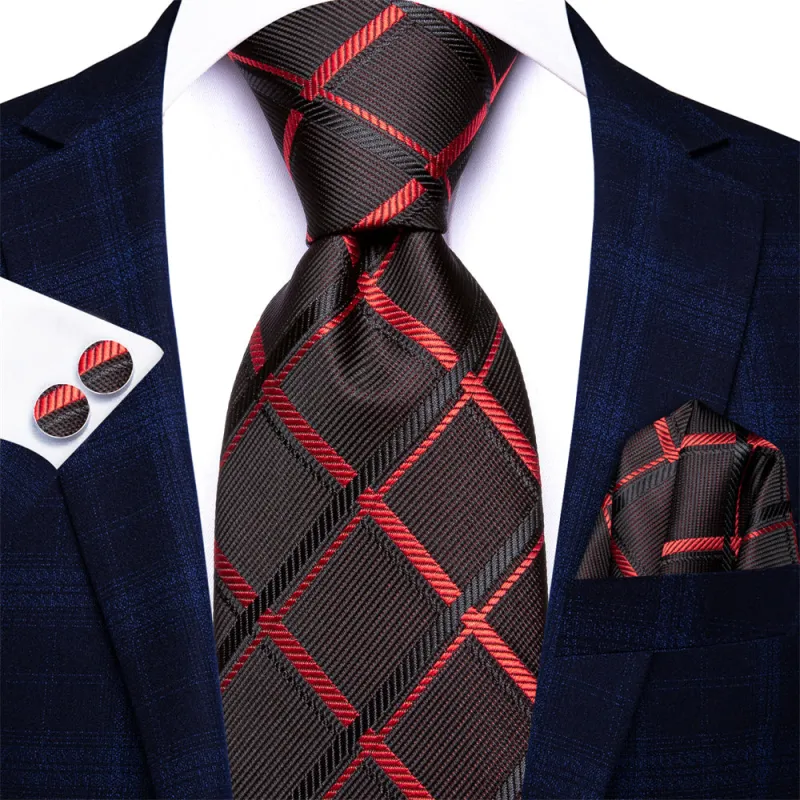 Ties2you Red Black Plaid Men's Necktie Pocket Square Cufflinks Set sold by Ties2You