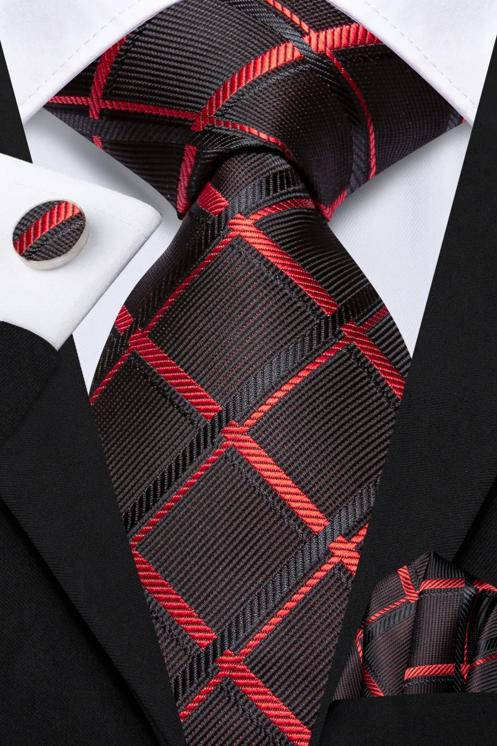 Ties2you Red Black Plaid Men's Necktie Pocket Square Cufflinks Set sold by Ties2You product image thumbnail 2