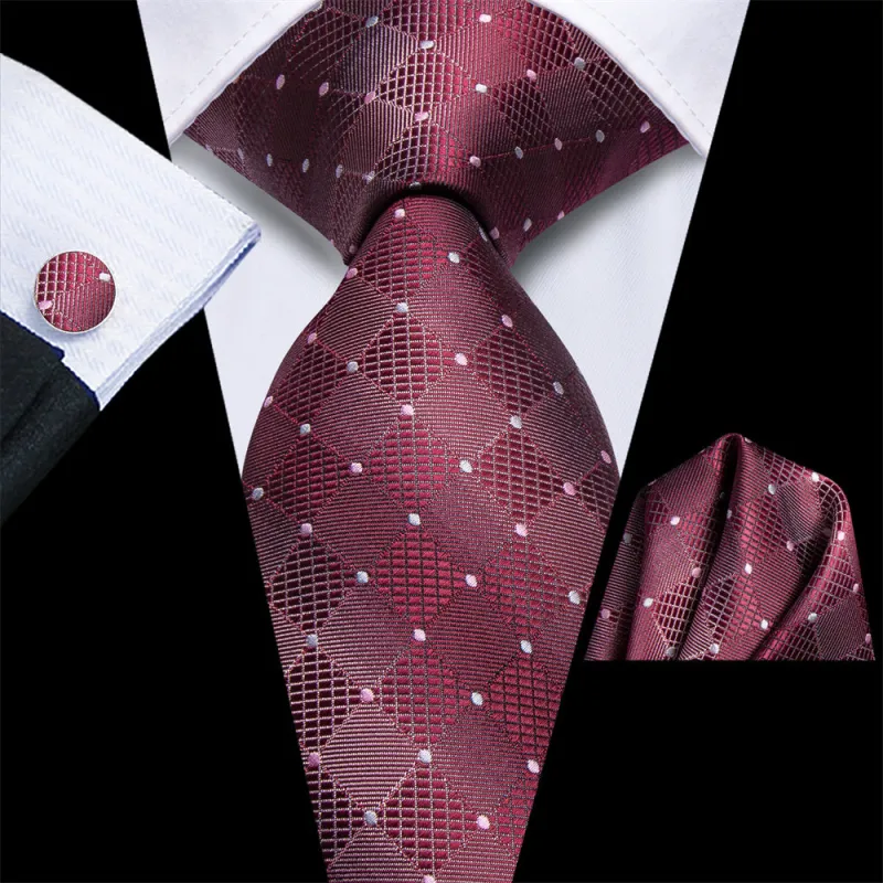 Ties2you Burgundy Plaid Silk Men's Necktie Hanky Cufflinks Set sold by Ties2You