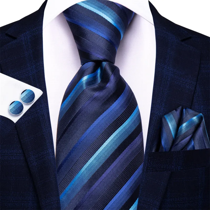 Ties2you Blue Striped Men's Necktie Pocket Square Cufflinks Set sold by Ties2You