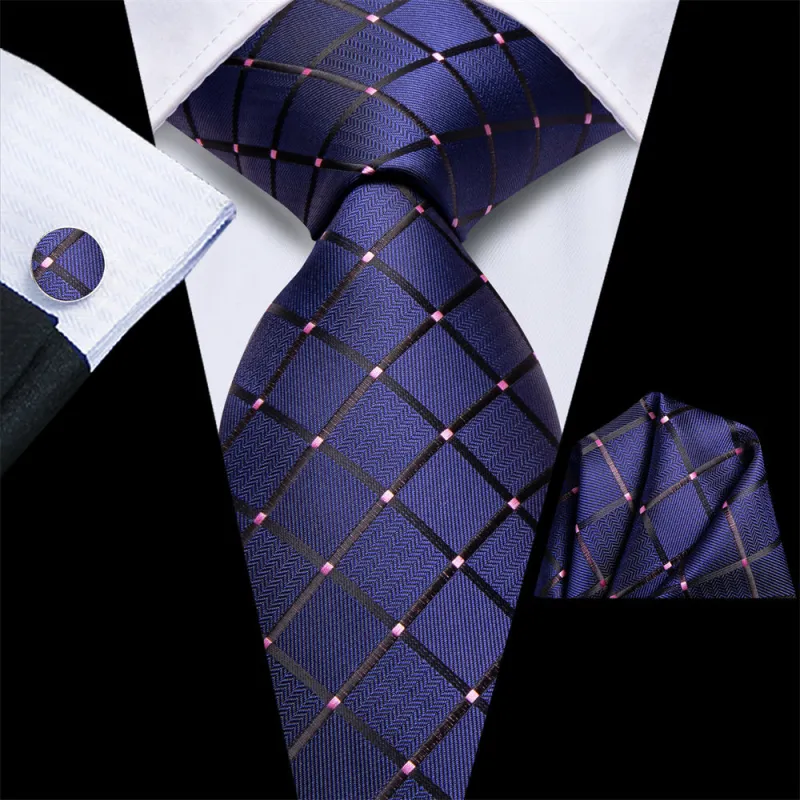 Ties2you Navy Blue Black Plaid Men's Necktie Hanky Cufflinks Set sold by Ties2You