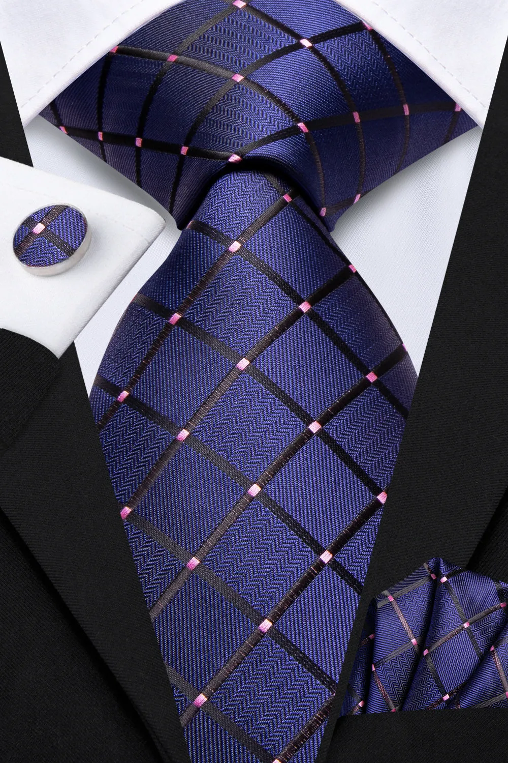 Ties2you Navy Blue Black Plaid Men's Necktie Hanky Cufflinks Set sold by Ties2You product image thumbnail 3