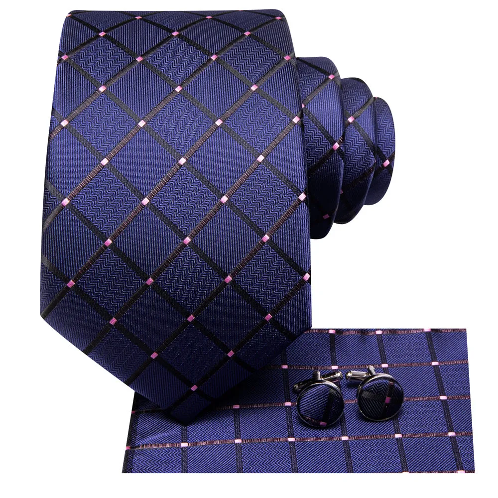 Ties2you Navy Blue Black Plaid Men's Necktie Hanky Cufflinks Set sold by Ties2You product image thumbnail 4