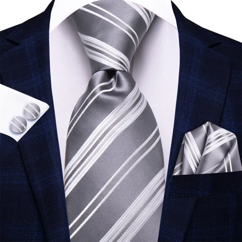 Ties2you Silver White Striped Men's Necktie Hanky Cufflinks Set sold by Ties2You