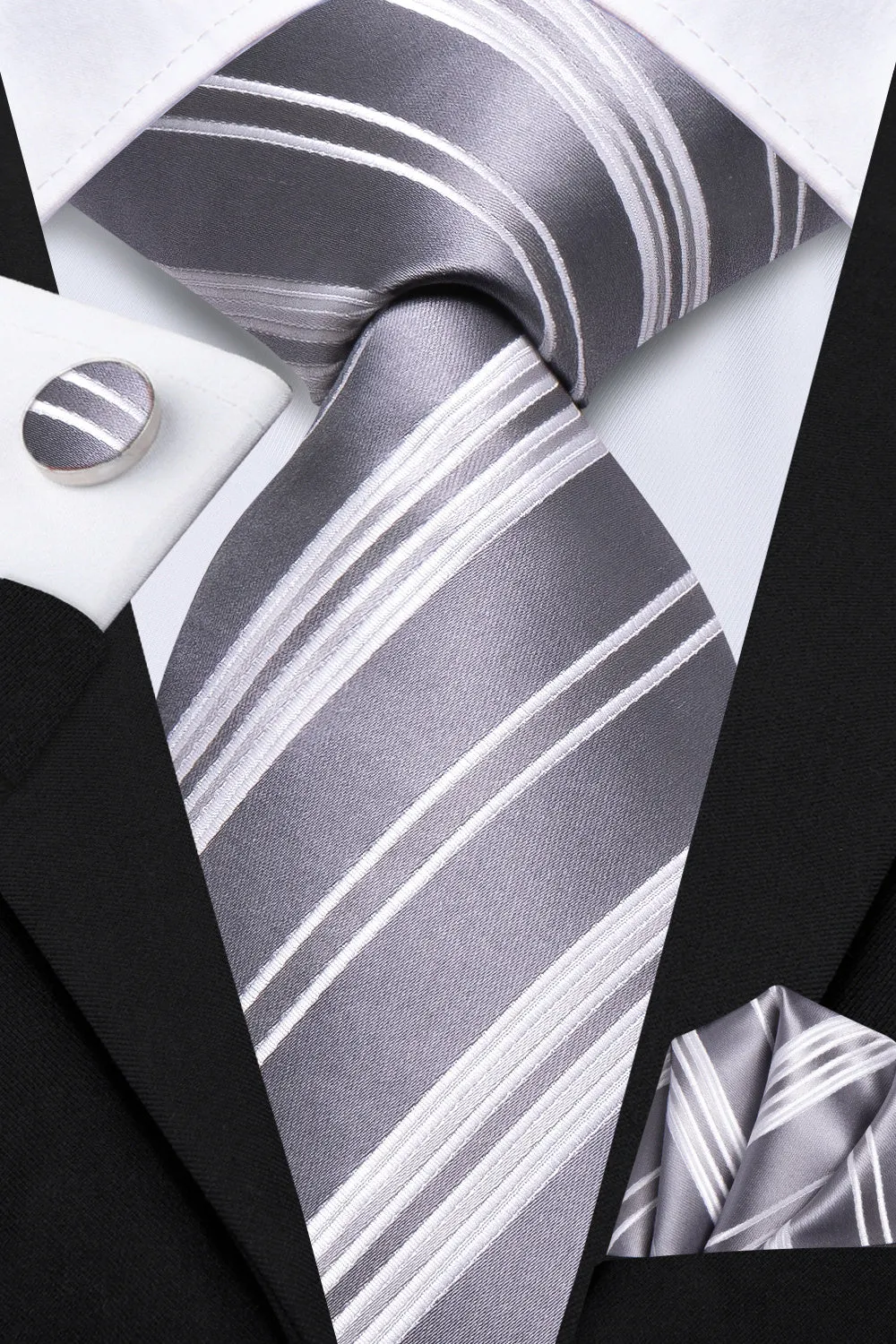Ties2you Silver White Striped Men's Necktie Hanky Cufflinks Set sold by Ties2You product image thumbnail 2