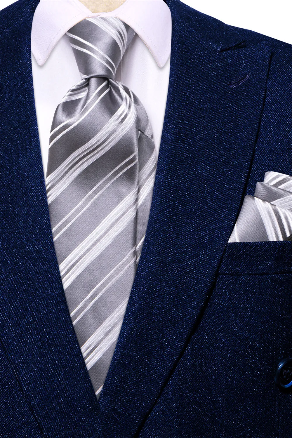 Ties2you Silver White Striped Men's Necktie Hanky Cufflinks Set sold by Ties2You product image thumbnail 3