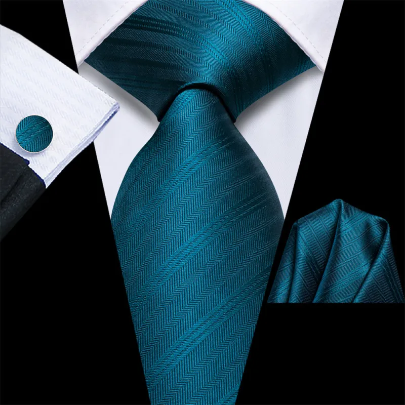 Ties2you Deep Teal Blue Striped Men's Necktie Hanky Cufflinks Set sold by Ties2You