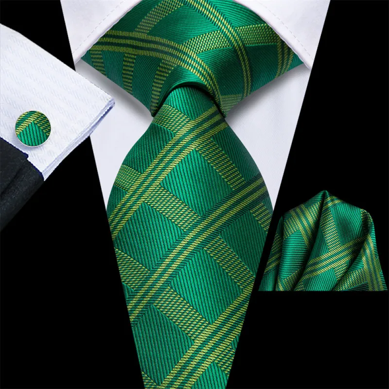 Ties2you Forest Green Plaid Silk Men's Necktie Hanky Cufflinks Set sold by Ties2You