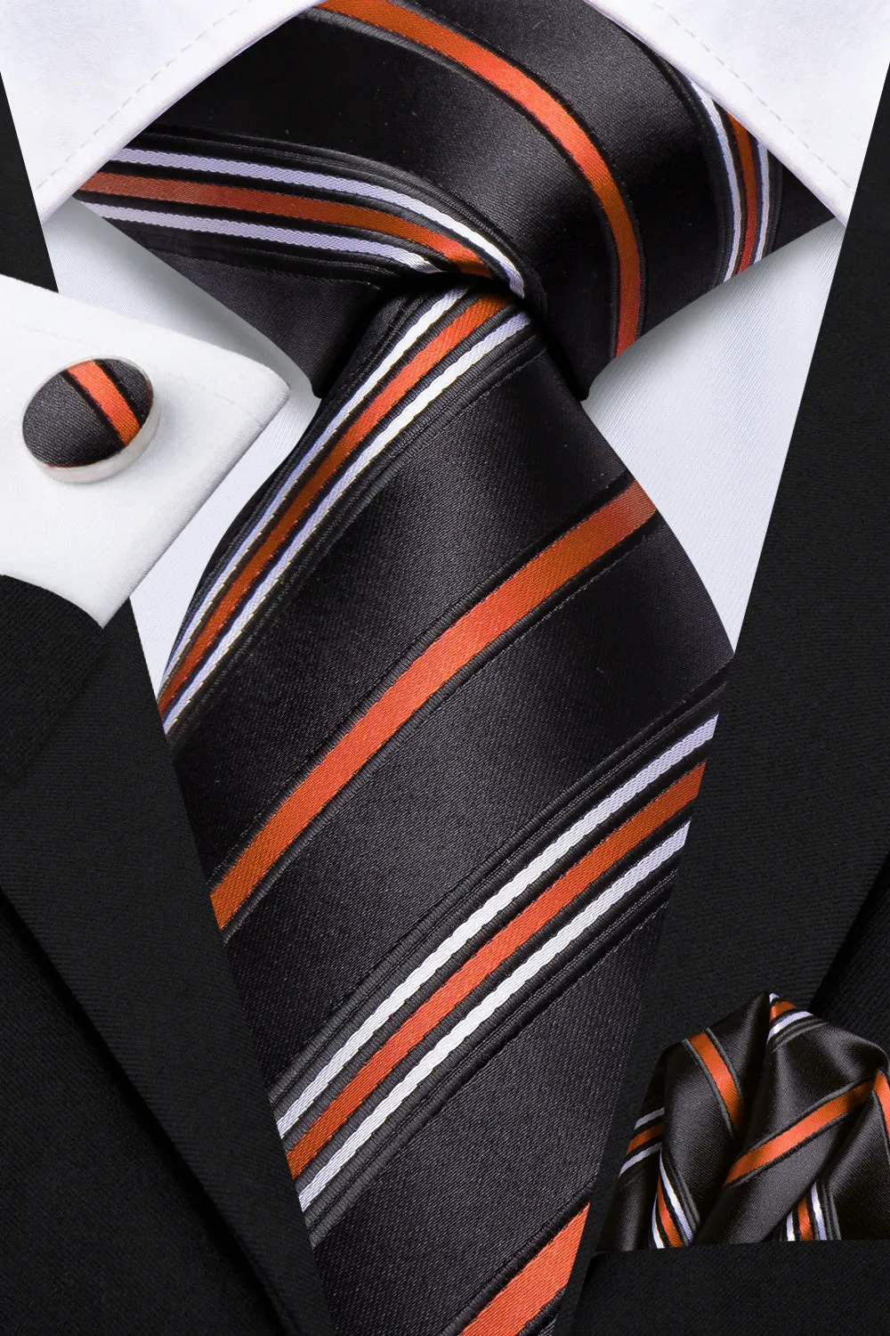 Ties2you Black Orange Striped Men's Necktie Hanky Cufflinks Set sold by Ties2You product image thumbnail 2