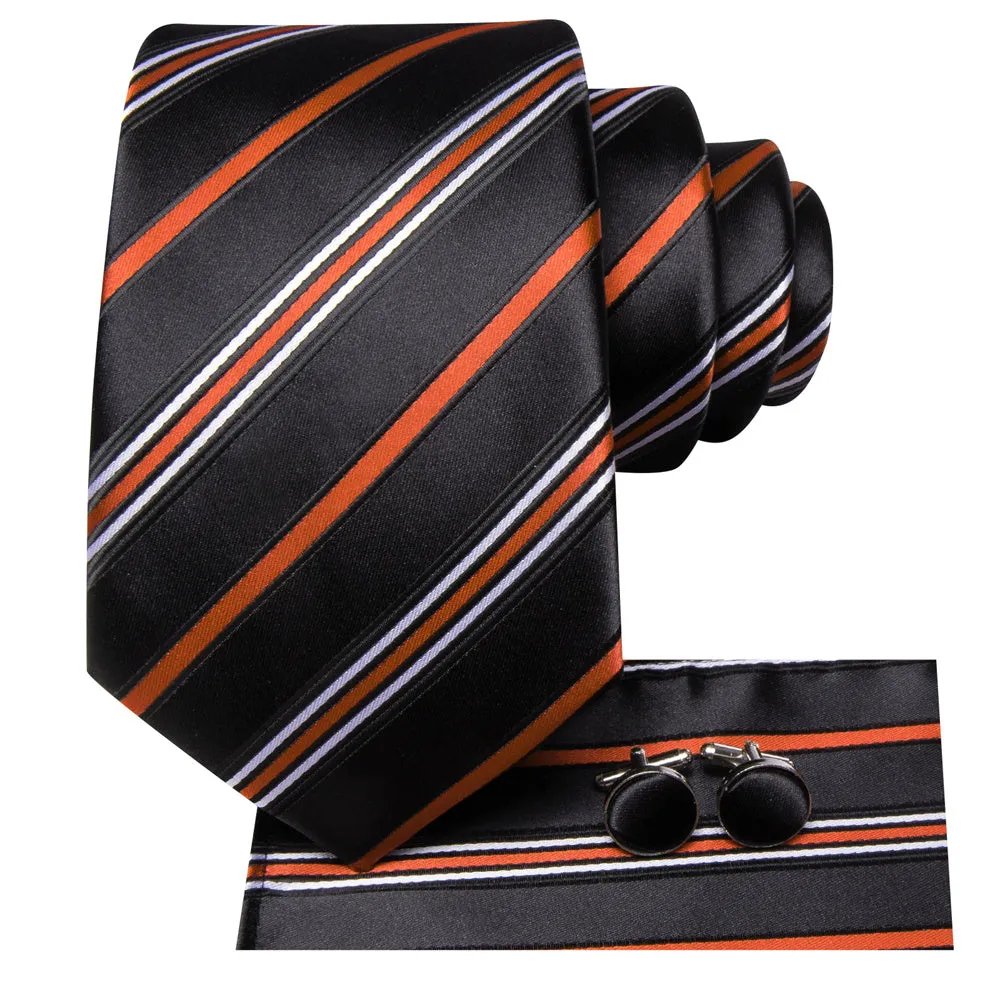 Ties2you Black Orange Striped Men's Necktie Hanky Cufflinks Set sold by Ties2You product image thumbnail 4
