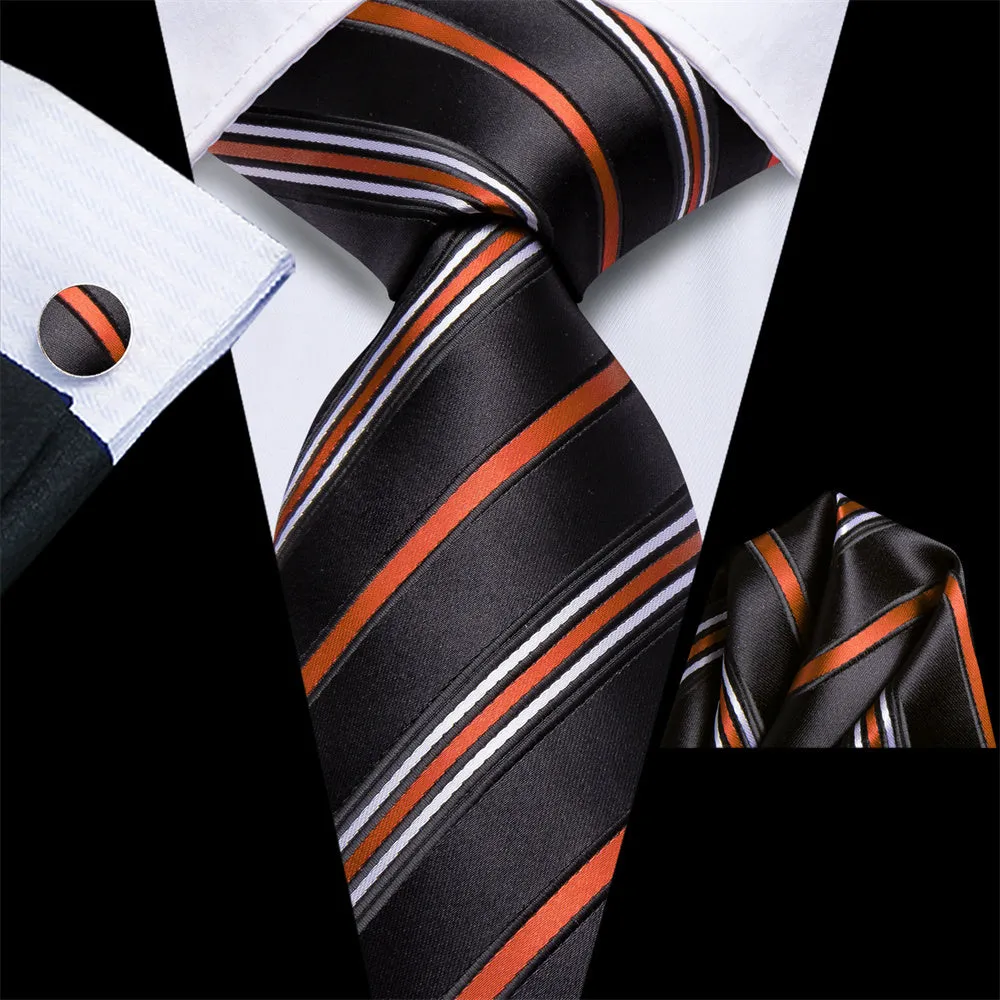 Ties2you Black Orange Striped Men's Necktie Hanky Cufflinks Set sold by Ties2You
