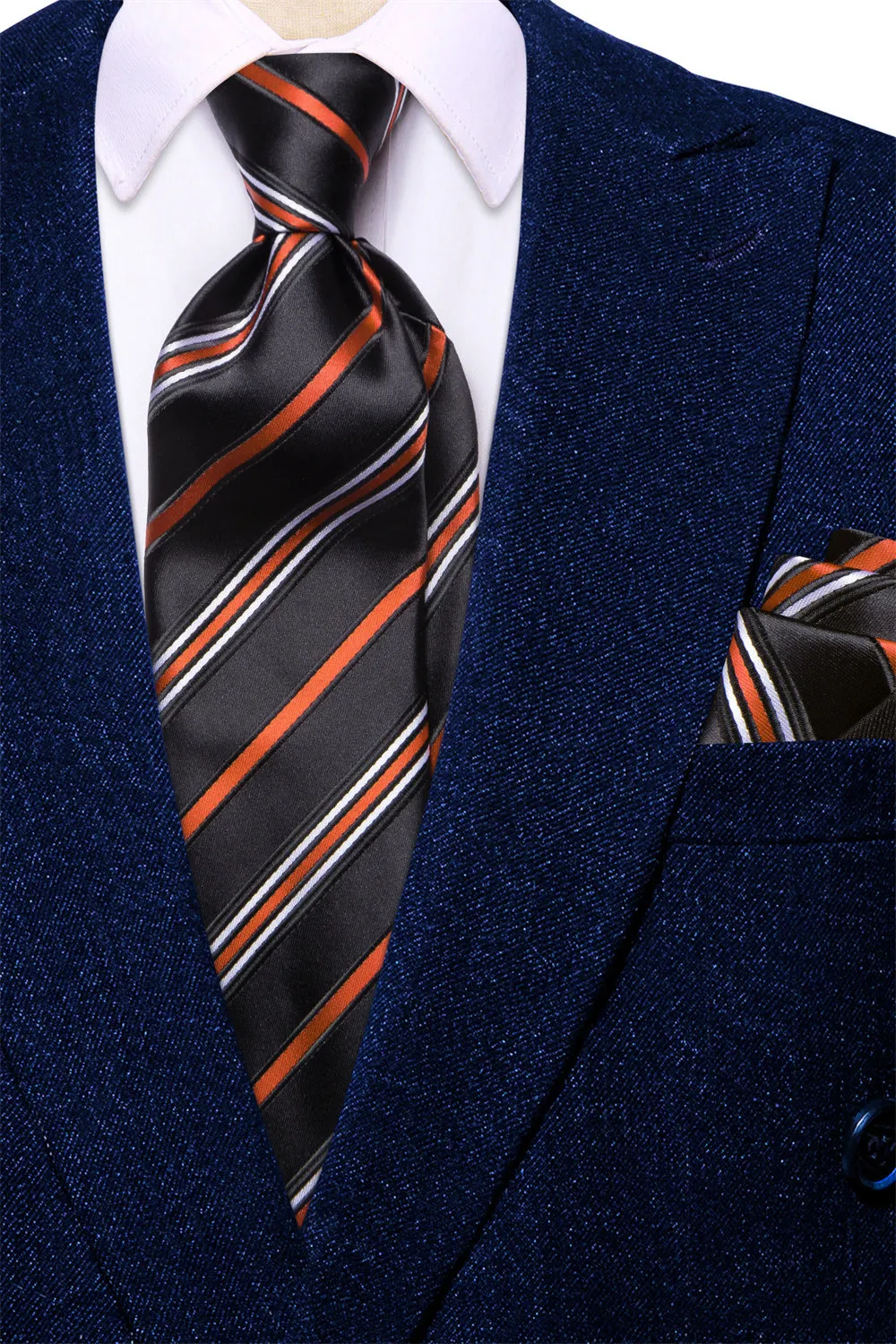 Ties2you Black Orange Striped Men's Necktie Hanky Cufflinks Set sold by Ties2You product image thumbnail 3