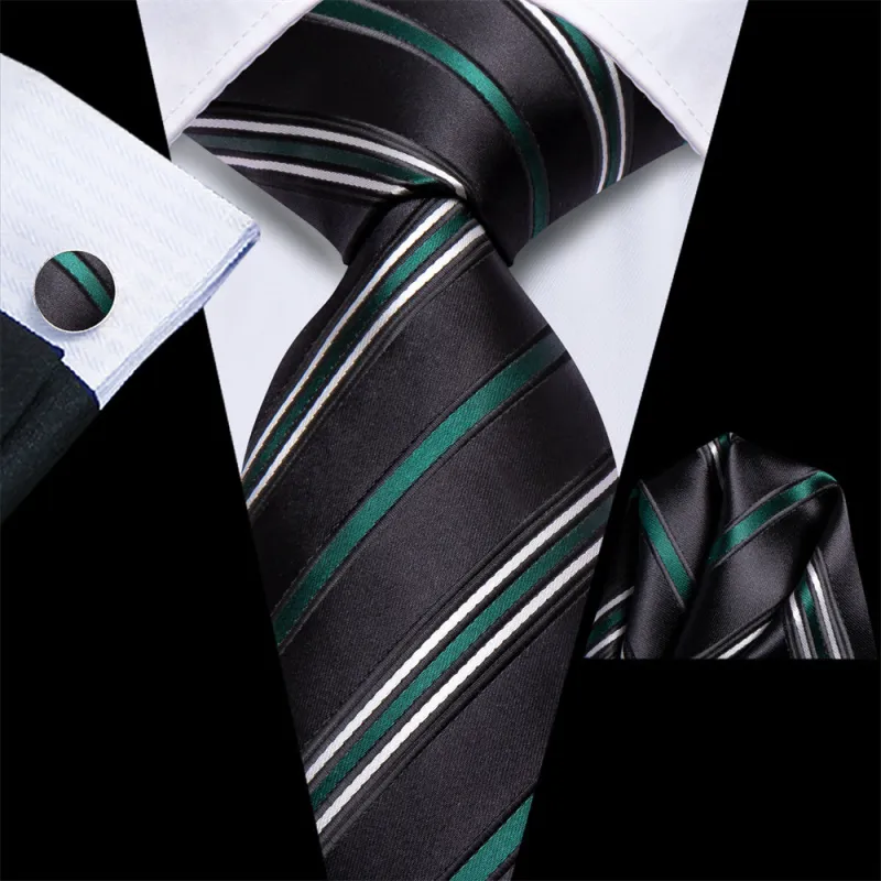 Ties2you Black Green Striped Men's Necktie Hanky Cufflinks Set sold by Ties2You