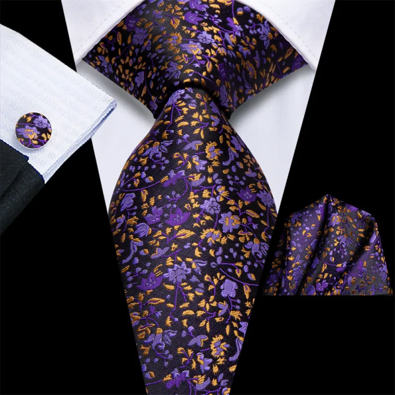 Ties2you Black Purple Floral Men's Necktie Pocket Square Cufflinks Set sold by Ties2You