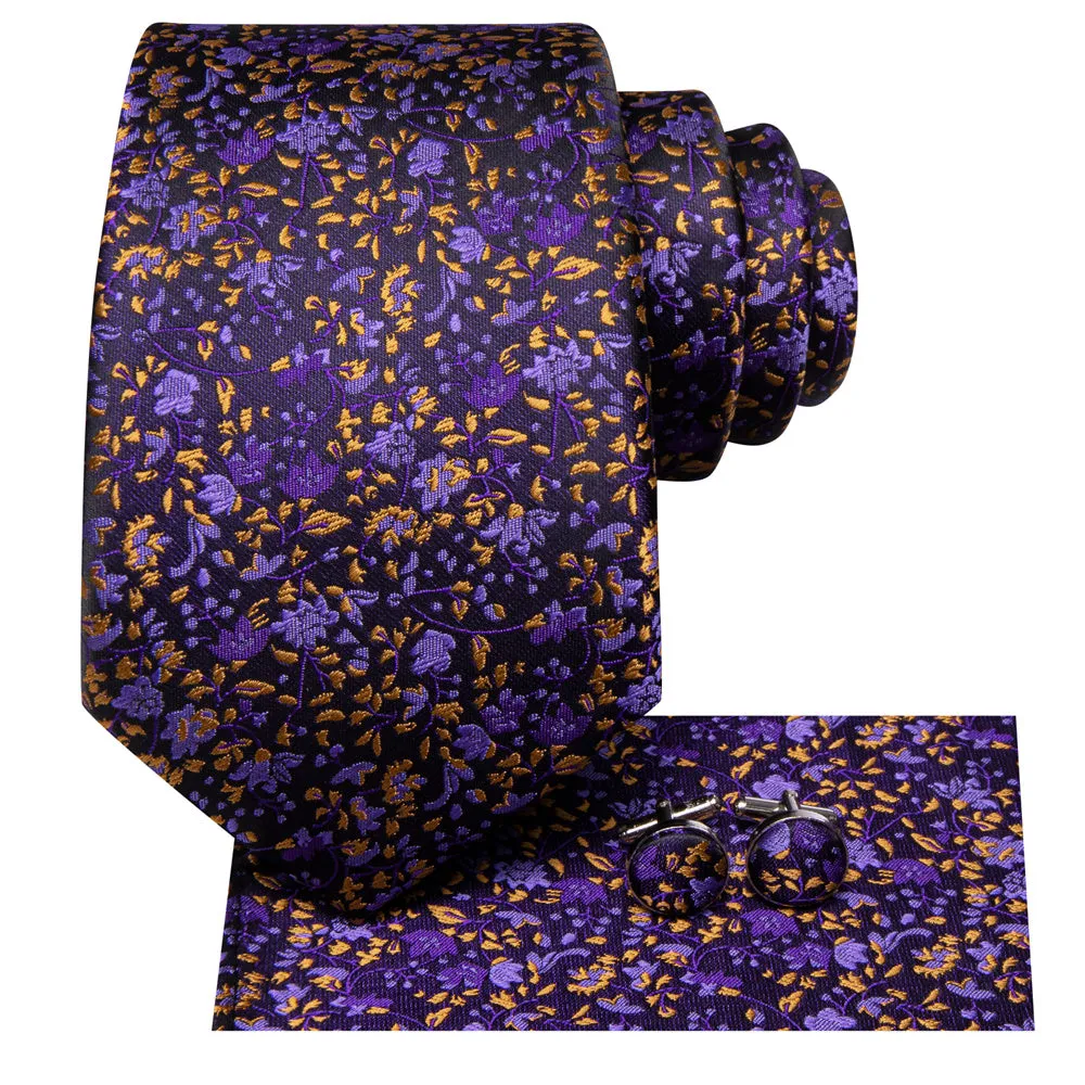 Ties2you Black Purple Floral Men's Necktie Pocket Square Cufflinks Set sold by Ties2You product image thumbnail 4