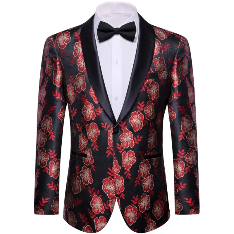 Ties2you Black Red Floral Silk Shawl Collar Slim Fit Suit for Men sold by Ties2You