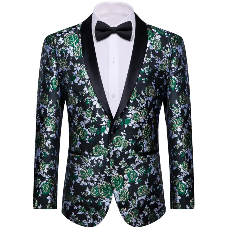 Ties2you Dark Green Silver Floral Silk Shawl Collar Slim Fit Suit for Men sold by Ties2You