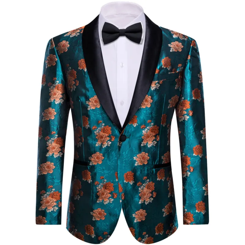 Ties2you Teal Blue Orange Floral Silk Shawl Collar Suit for Men sold by Ties2You