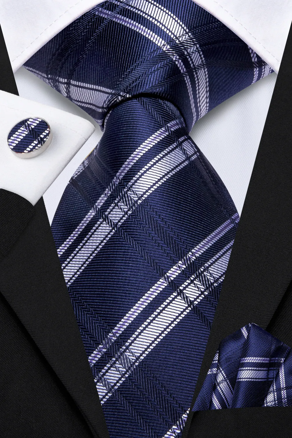 Ties2you Prussian Blue Plaid Silk Men's Necktie Hanky Cufflinks Set sold by Ties2You product image thumbnail 2