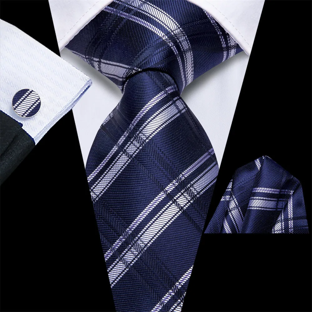 Ties2you Prussian Blue Plaid Silk Men's Necktie Hanky Cufflinks Set sold by Ties2You