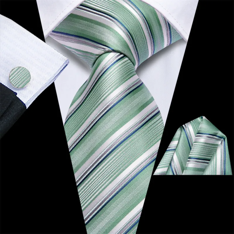 Ties2you Celadon Green Blue Striped Men's Necktie Pocket Square Cufflinks Set sold by Ties2You