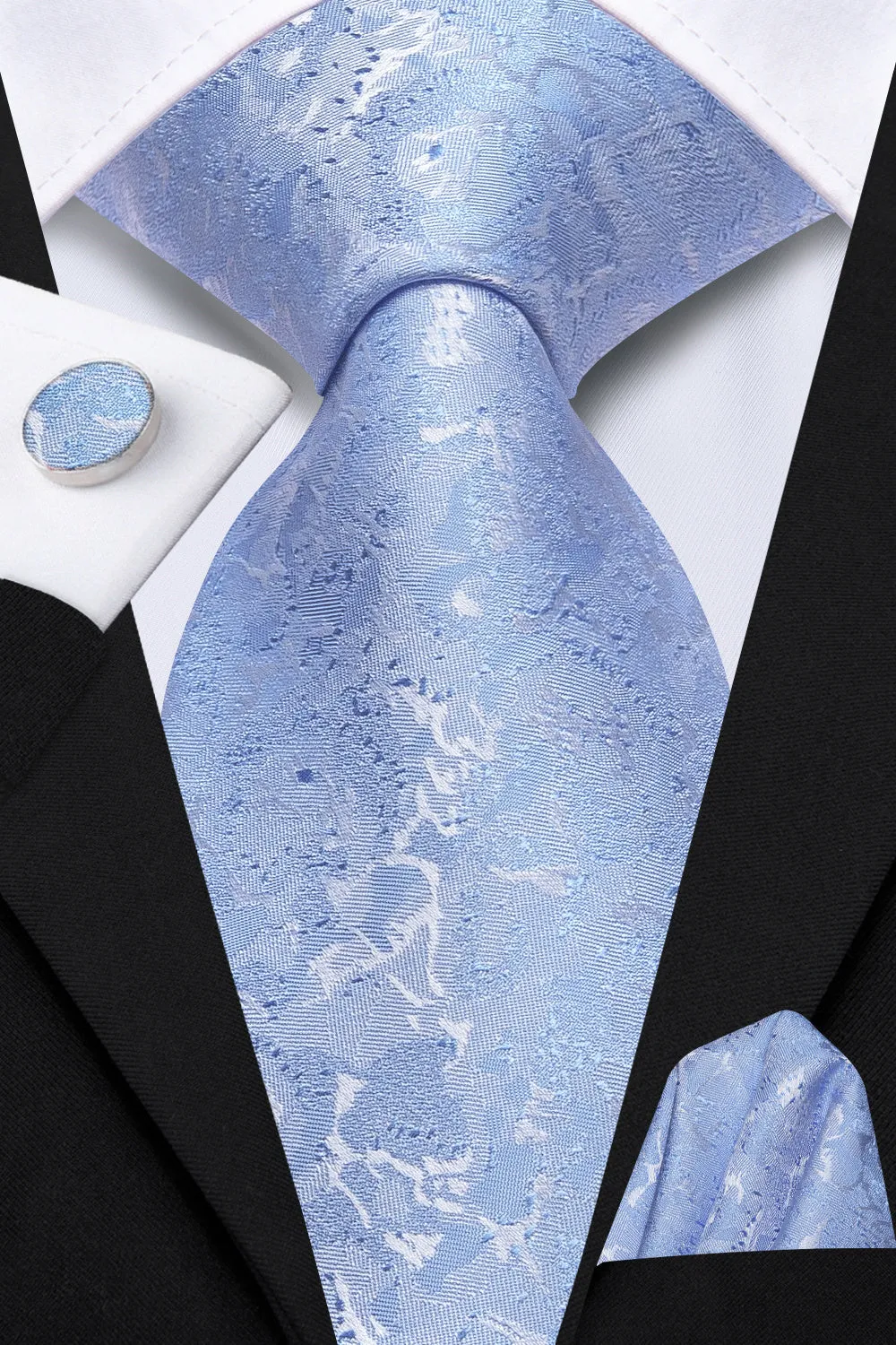 Ties2you Pale Sky Blue Floral Jacquard Silk Men's Necktie Pocket Square Cufflinks Set sold by Ties2You product image thumbnail 2
