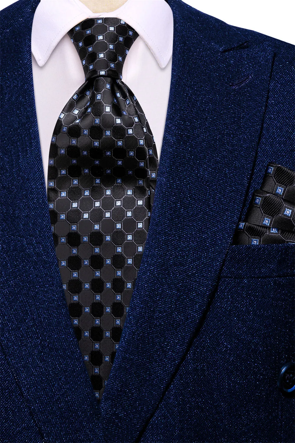 Ties2you Black Plaid Blue Silk Men's Necktie Pocket Square Cufflinks Set sold by Ties2You product image thumbnail 3