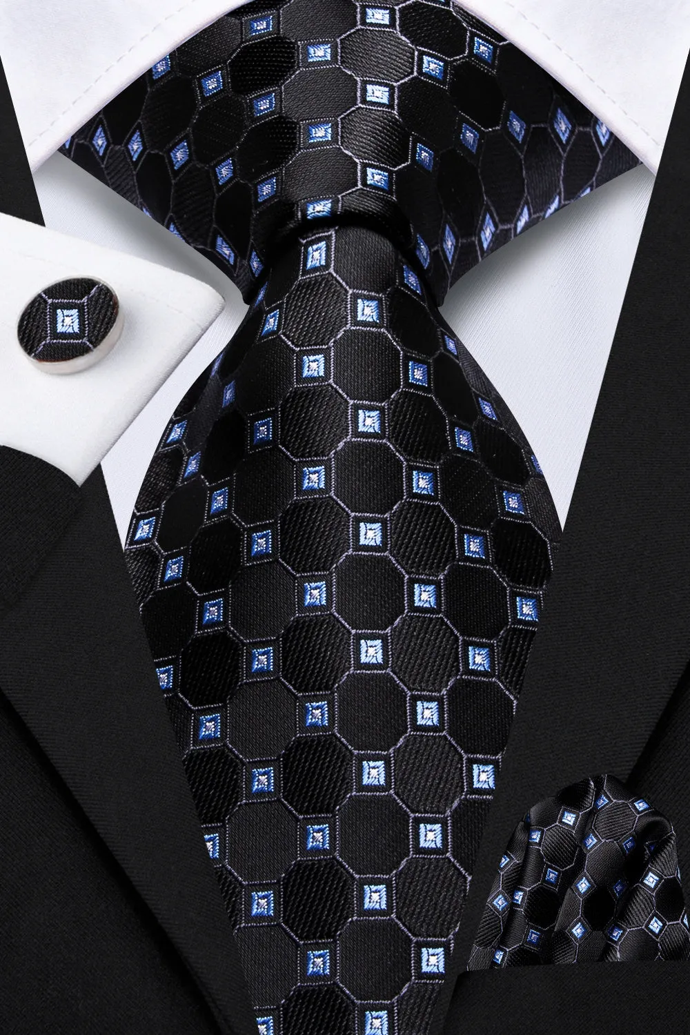 Ties2you Black Plaid Blue Silk Men's Necktie Pocket Square Cufflinks Set sold by Ties2You product image thumbnail 2