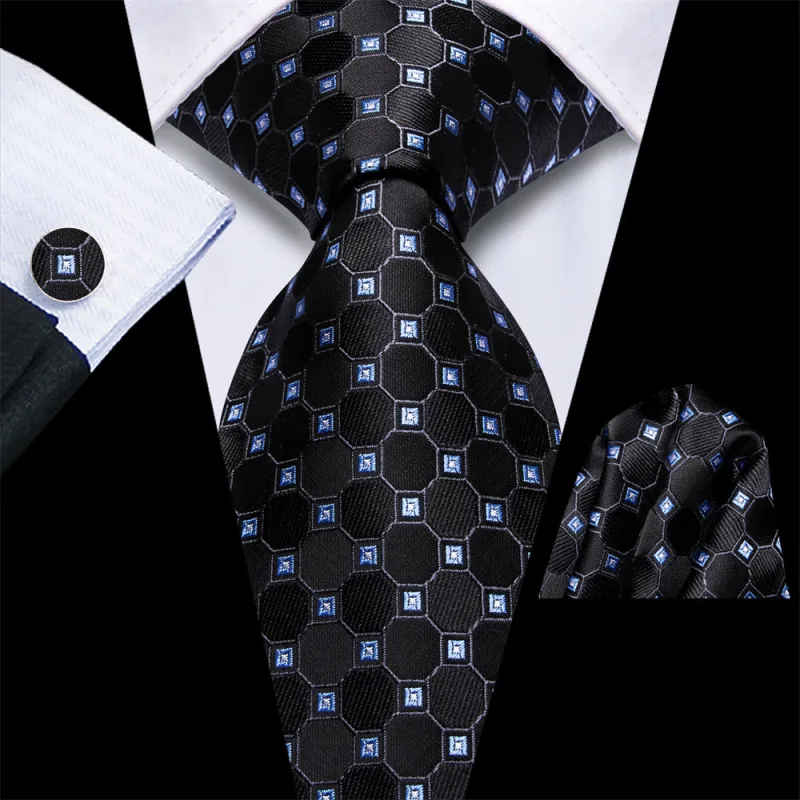 Ties2you Black Plaid Blue Silk Men's Necktie Pocket Square Cufflinks Set sold by Ties2You